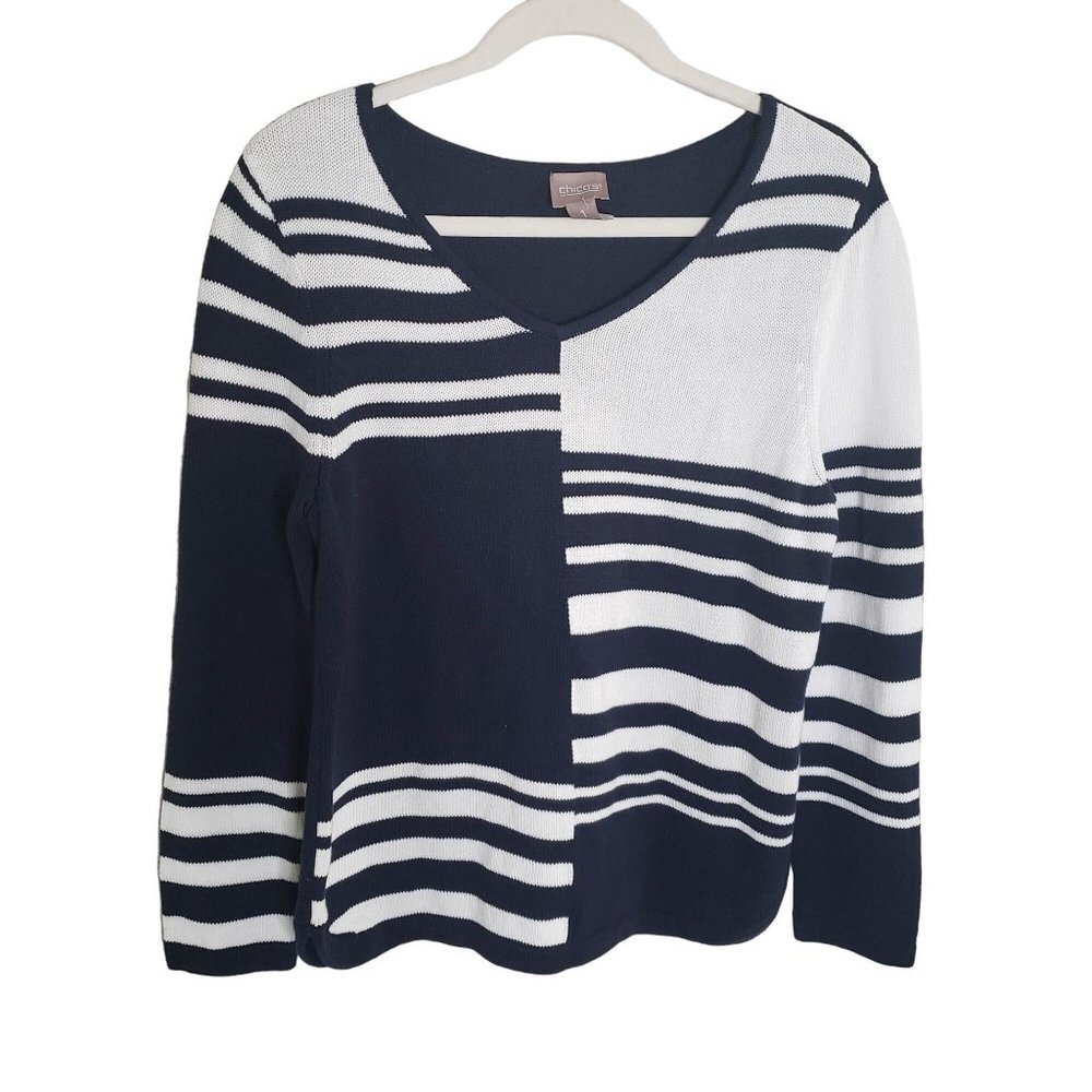 Chico's Woman Size M (Chico's 1) Nautical Cotton V-Neck Sweater Navy and White